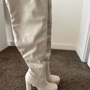 Fashion Nova Cream Heeled Boots with Chunky Platform